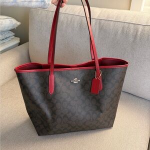 Coach Brown Signature Canvas Tote with Red Trim